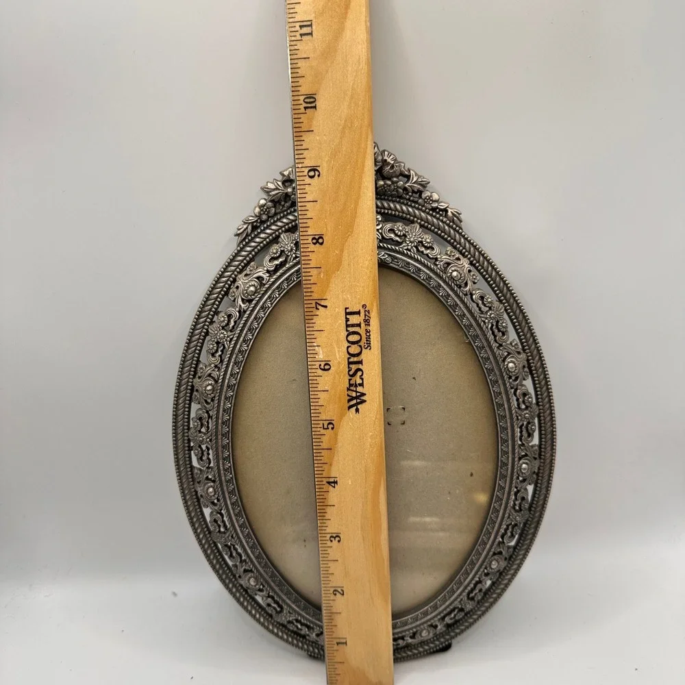 Vintage Ornate Silver Filigree Oval Picture Frame Faux Pearl Accent 9.5 Inch